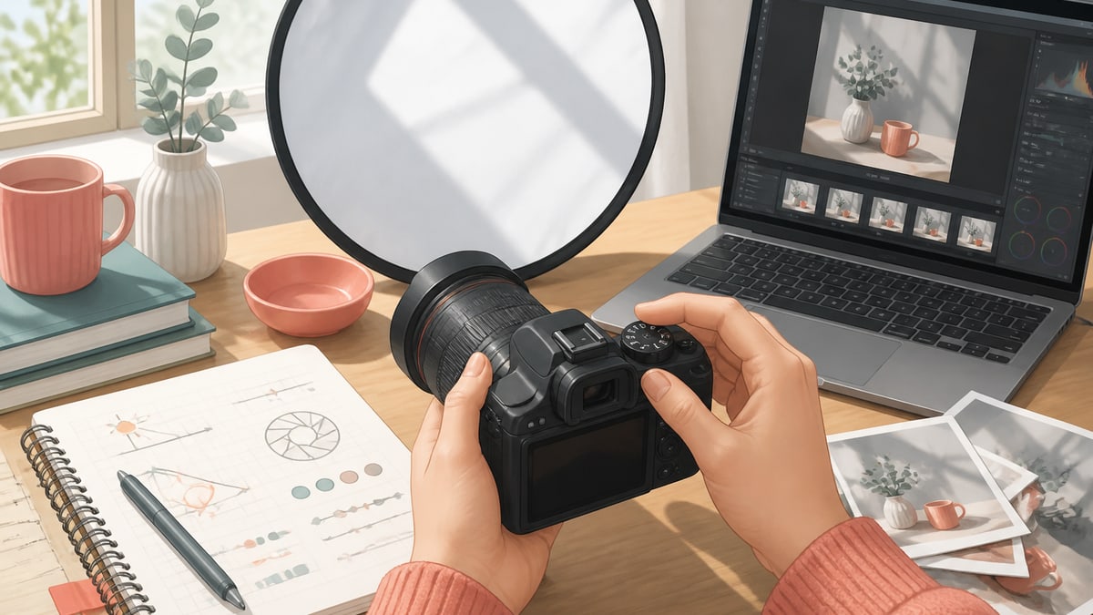 カメラの設定や光の当たり方を確認しながら、撮影後の写真を編集している様子